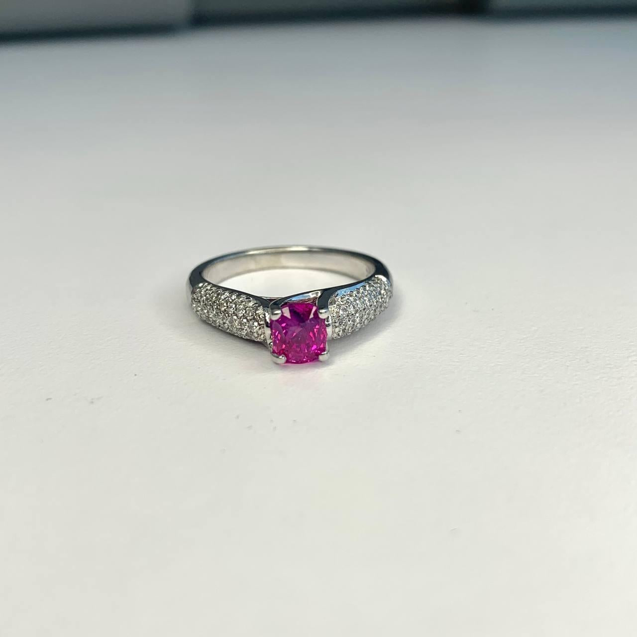 1.18 ct. GIA Purpulish Pink Sapphire Engagement Ring & Micro Pave Band 14K WG
