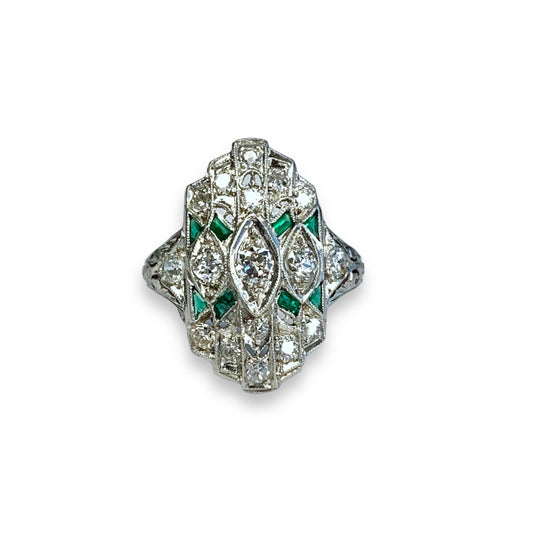 0.47 Cttw. White Diamond & Green Emerald Vintage Platinum Ring