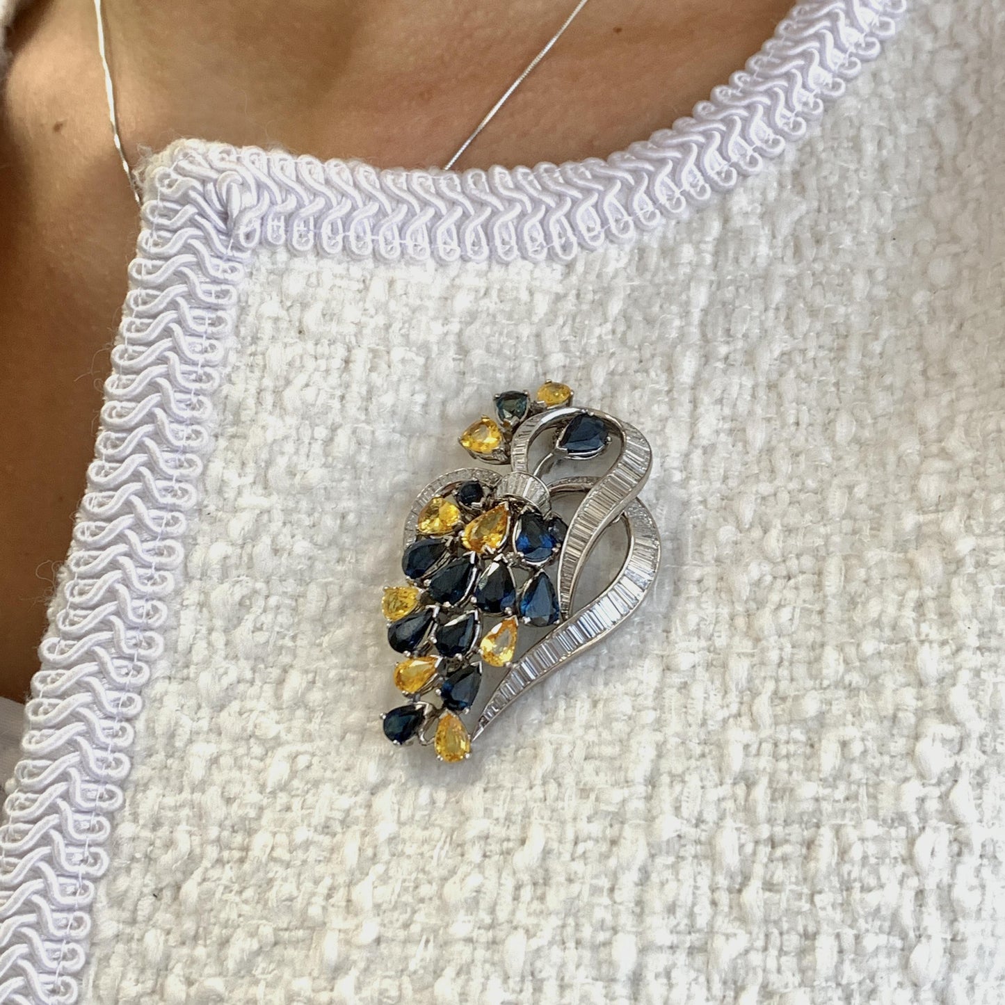 15.08 cttw. Blue & Yellow Sapphires and White Baguettes Grape Brunch Brooch