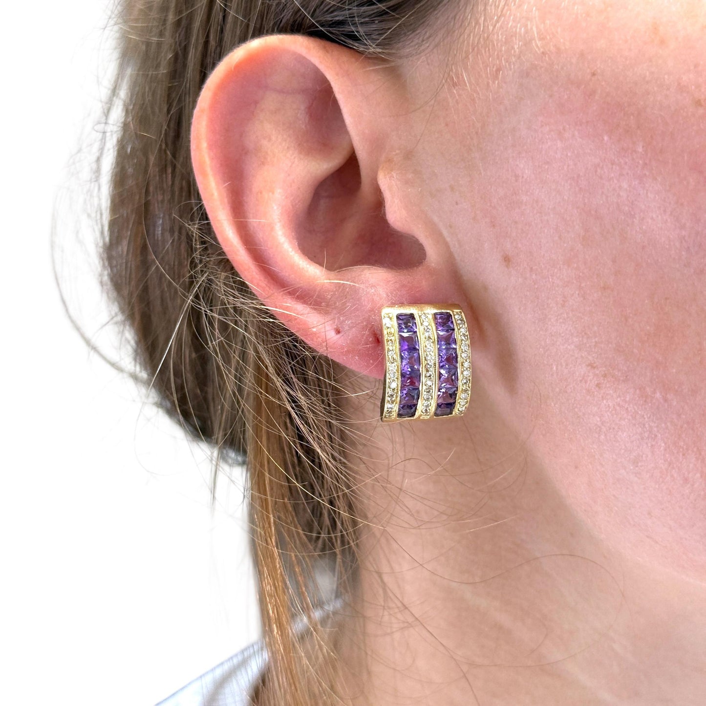 14k Yellow Gold Amethyst & White Diamond Earrings 10.06g.