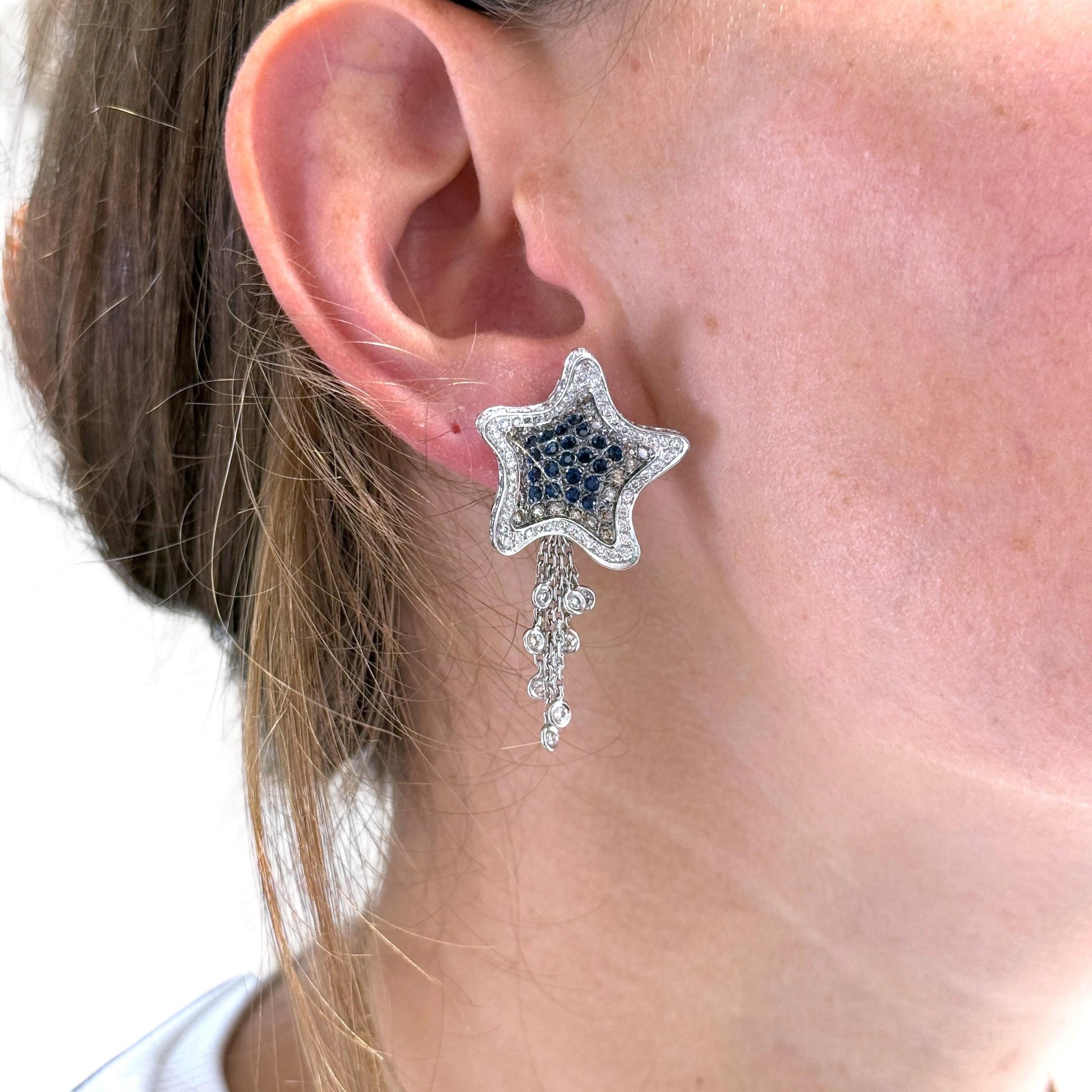 2.40cttw White Diamond & 0.66cttw. Blue Sapphire Star Earrings in 18k White Gold