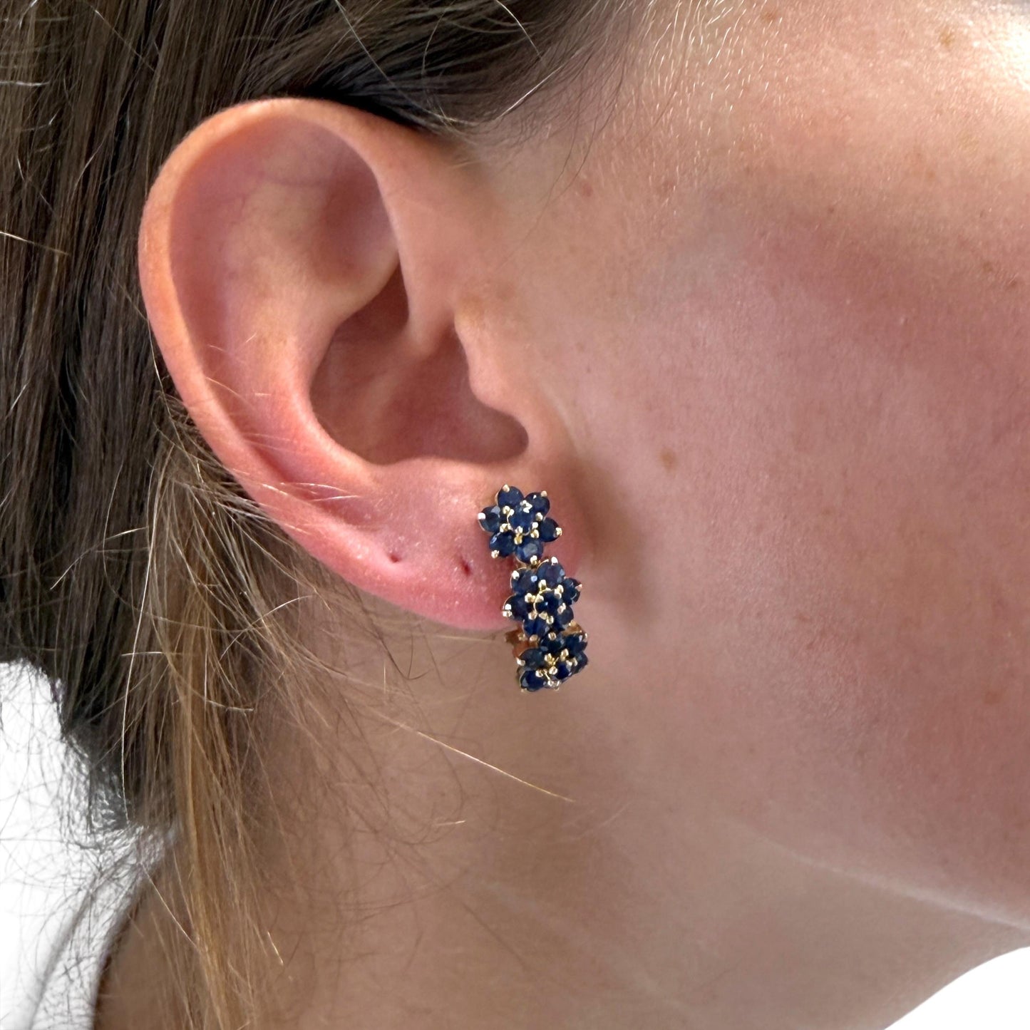 4.60cttw. Blue Sapphire  Flower Earrings in 12k Yellow Gold 4.86g.