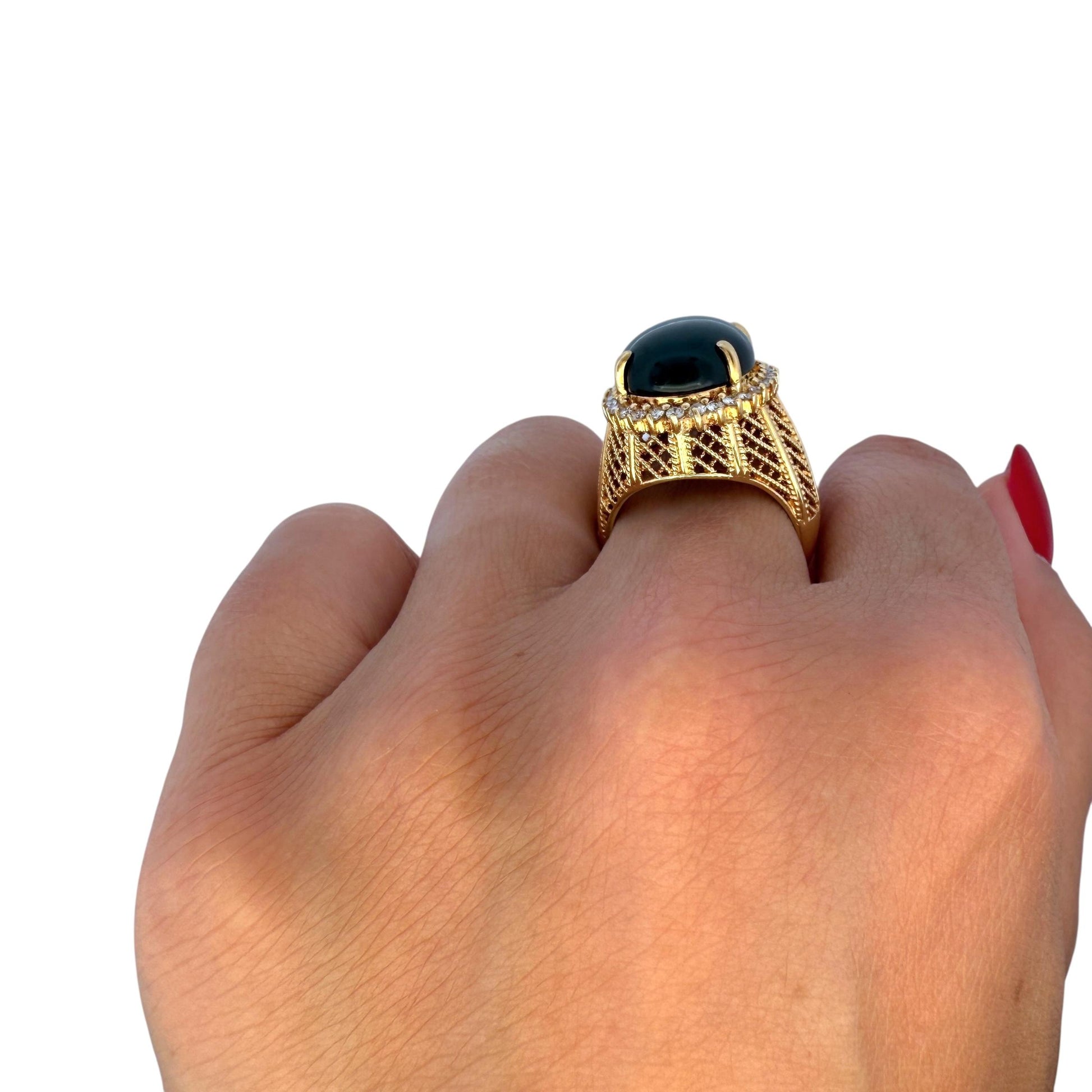 Black Onyx & 0.45cttw. White Diamond Cocktail Ring in 18k Yellow Gold 7.5US 13g