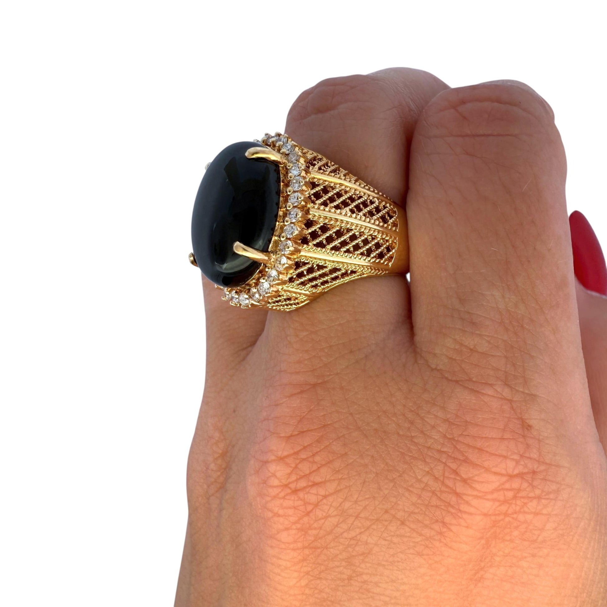 Black Onyx & 0.45cttw. White Diamond Cocktail Ring in 18k Yellow Gold 7.5US 13g