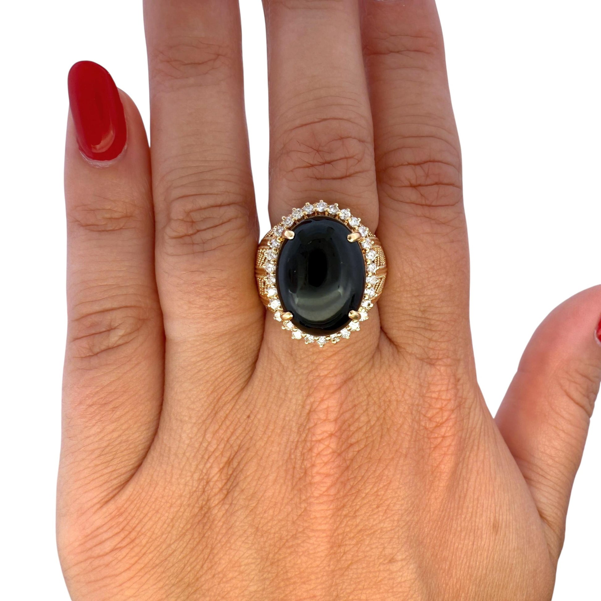Black Onyx & 0.45cttw. White Diamond Cocktail Ring in 18k Yellow Gold 7.5US 13g