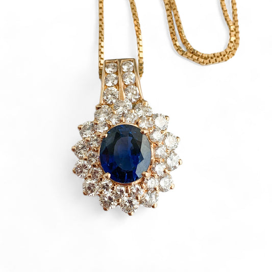 3.27 ct. Blue Sapphire & 2.4 cttw. White Diamond Pendant in 14k Yellow Gold