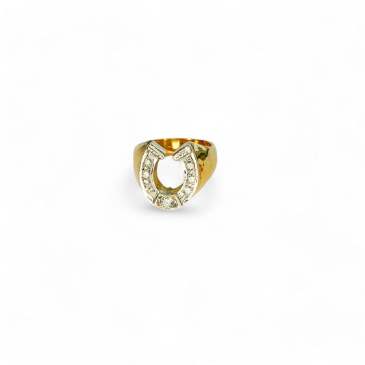 14K Yellow Gold Horseshoe Signet White Diamond Ring 5US