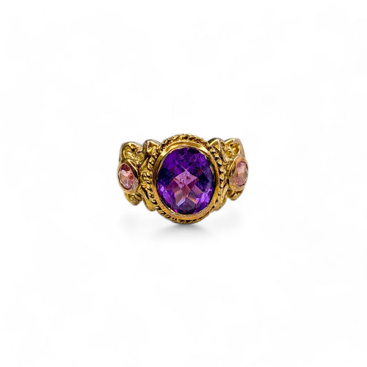 14k Vintage Yellow Gold Amethyst & Tourmaline Ring 5.25 US