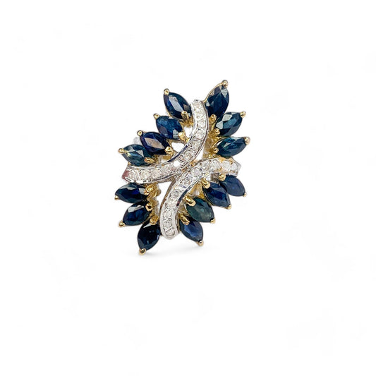 3.92 cttw. Blue Sapphires & 0.33 White Diamond Coctail Ring in 14K Yellow Gold