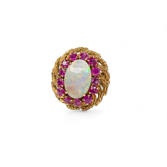 Opal & Ruby Cocktail Ring in 14k Yellow Gold 5US