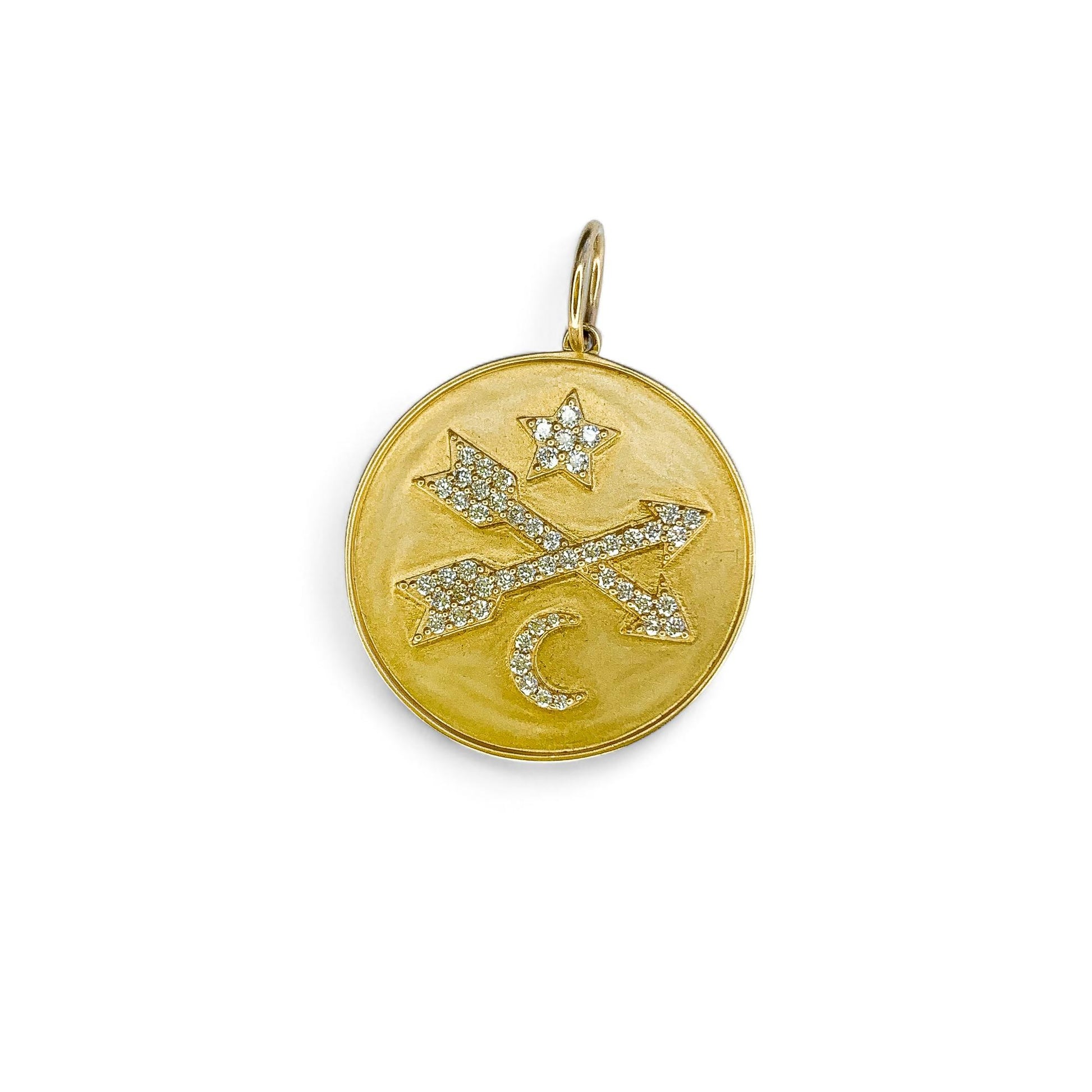 White Diamind 14k Solid Gold Pave with Crossed Arrows Star & Moon