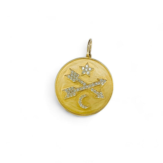 White Diamind 14k Solid Gold Pave with Crossed Arrows Star & Moon