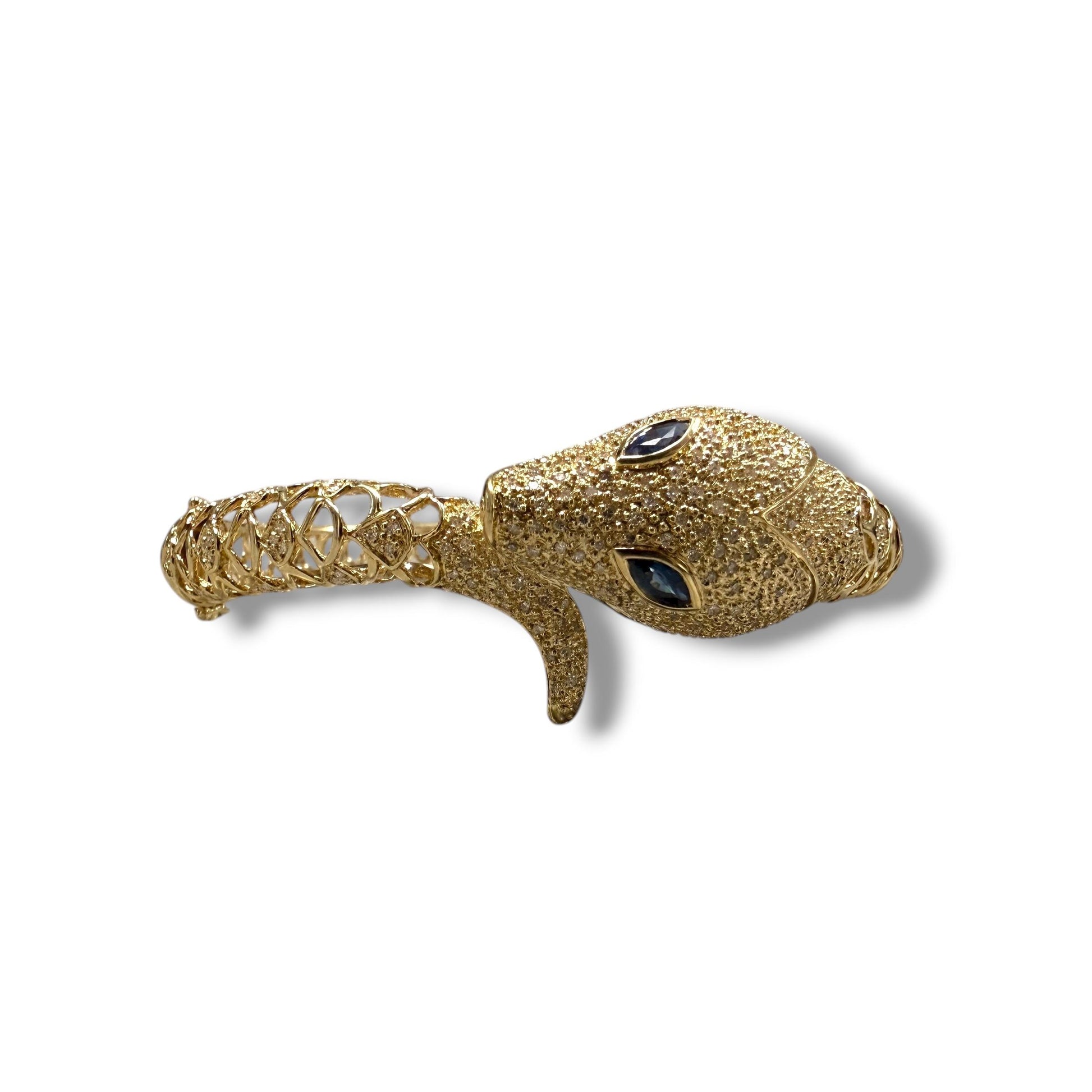 Sapphire & White Diamond Snake Bangle Bracelet in 14k Yellow Gold 27.97g.