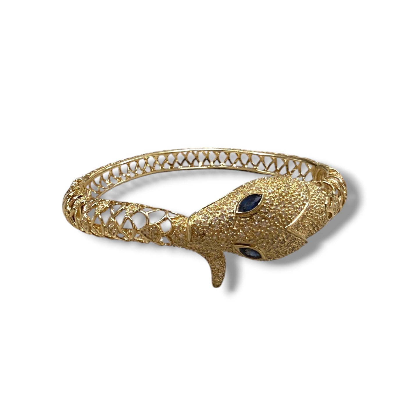 Sapphire & White Diamond Snake Bangle Bracelet in 14k Yellow Gold 27.97g.