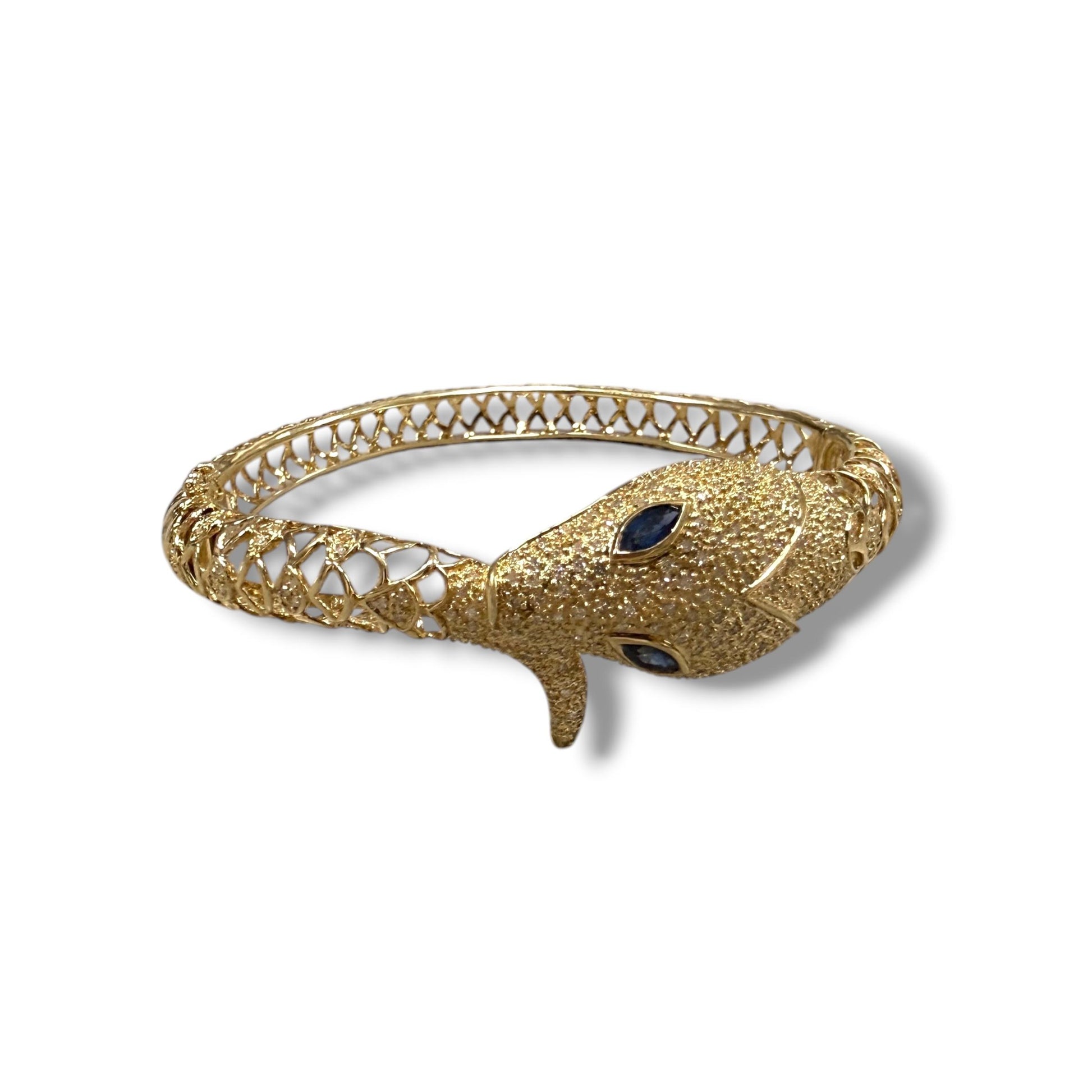 Sapphire & White Diamond Snake Bangle Bracelet in 14k Yellow Gold 27.97g.