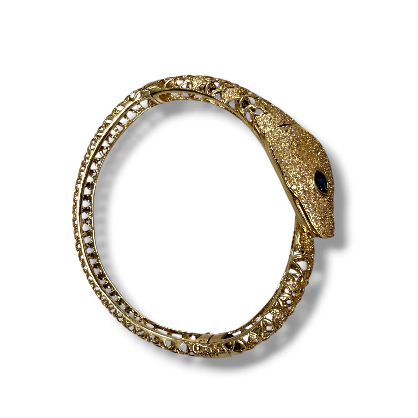 Sapphire & White Diamond Snake Bangle Bracelet in 14k Yellow Gold 27.97g.
