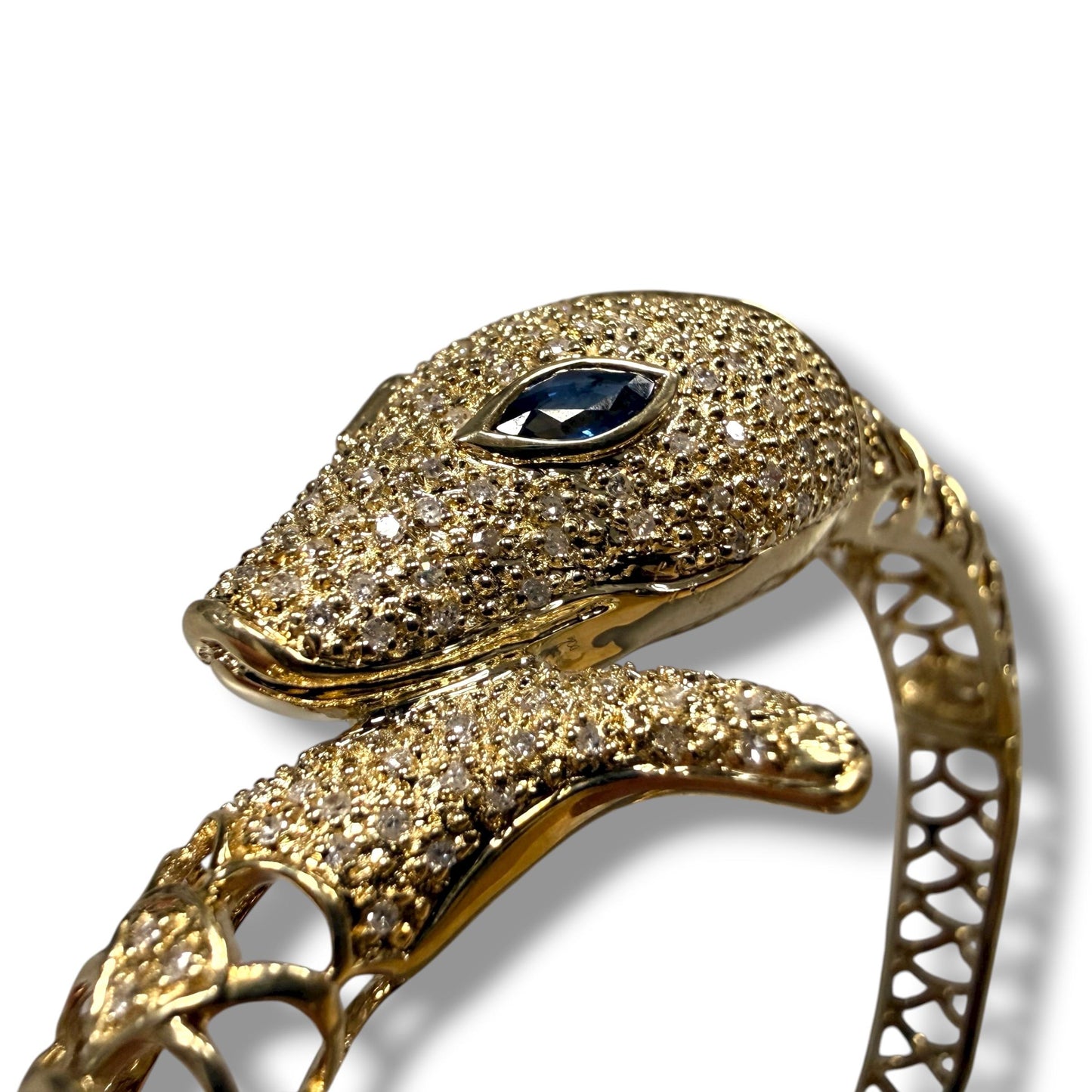 Sapphire & White Diamond Snake Bangle Bracelet in 14k Yellow Gold 27.97g.