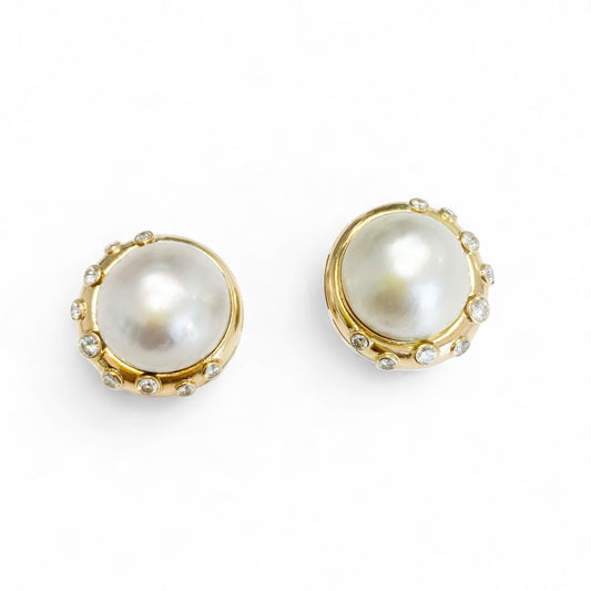 0.91 cttw. White Diamond and Pearl Clip-on Earrings in 18k Yellow Gold