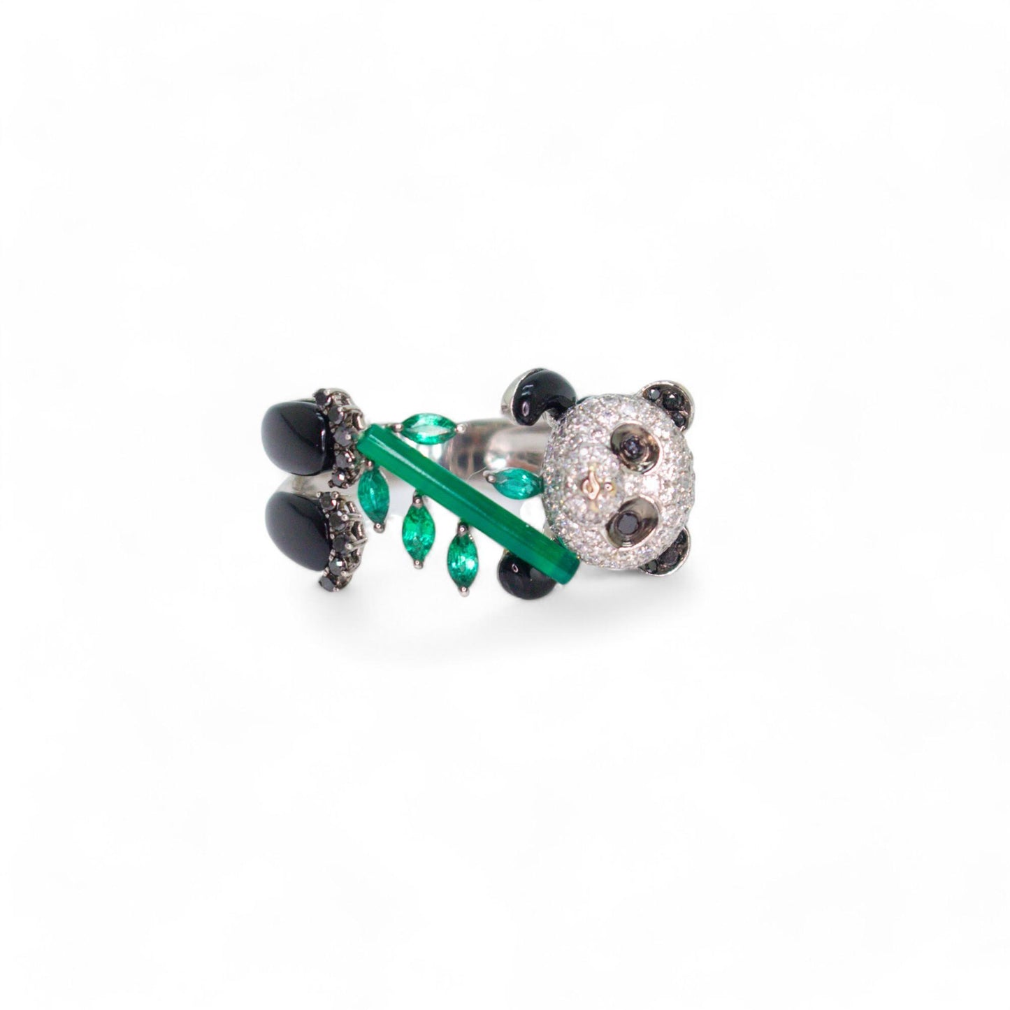 Green Onyx & White Diamonds Panda Ring in 18k White Gold 6.75 US