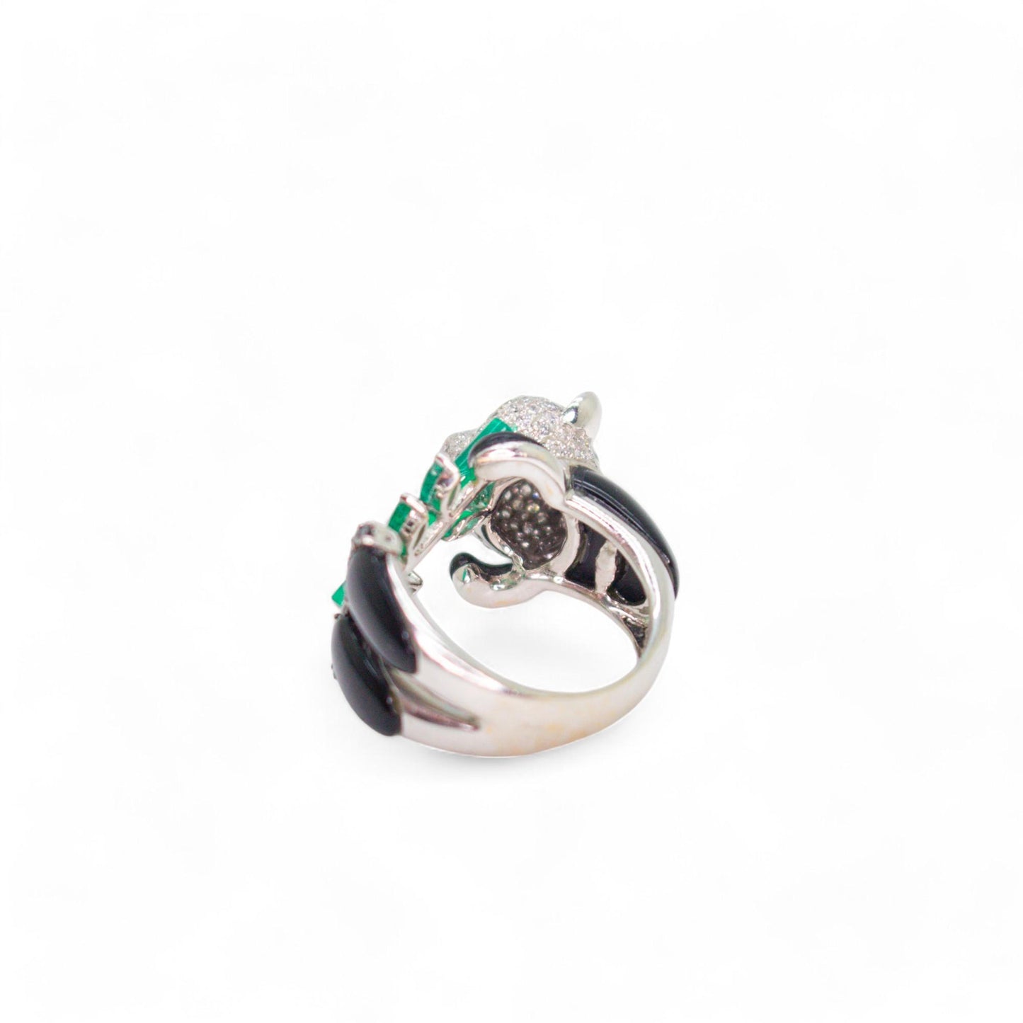 Green Onyx & White Diamonds Panda Ring in 18k White Gold 6.75 US