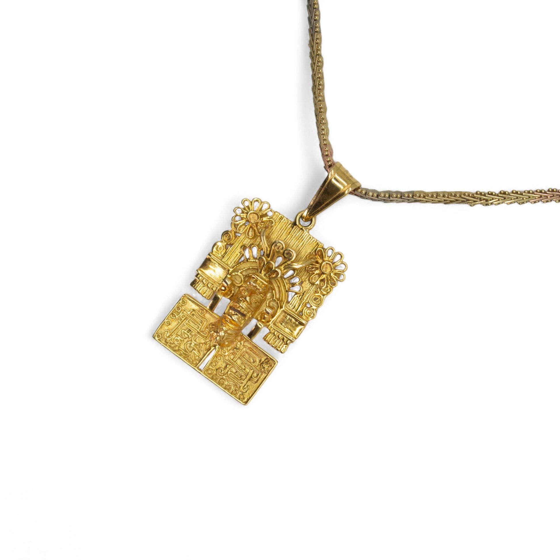 14k Yellow Gold Mexico Aztec Sun God Necklace on 3 Toned 14k Chain