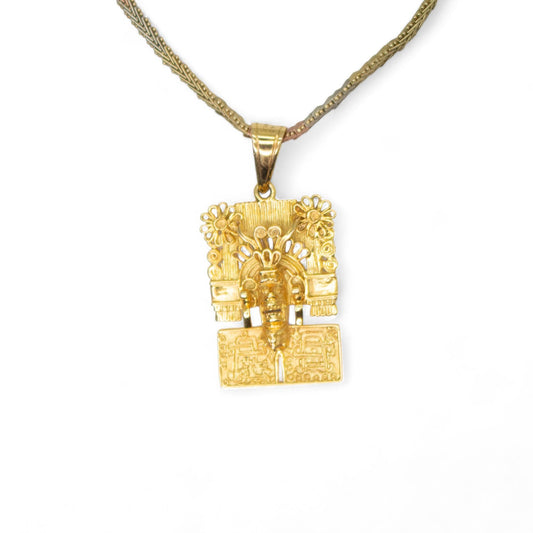 14k Yellow Gold Mexico Aztec Sun God Necklace on 3 Toned 14k Chain