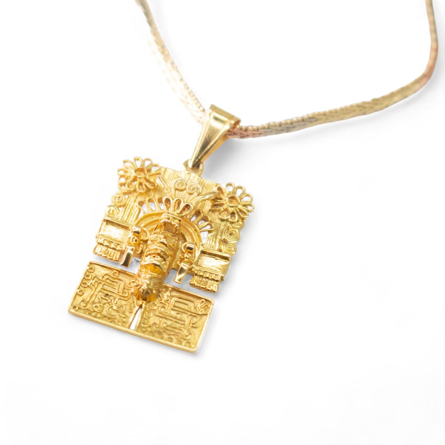 14k Yellow Gold Mexico Aztec Sun God Necklace on 3 Toned 14k Chain