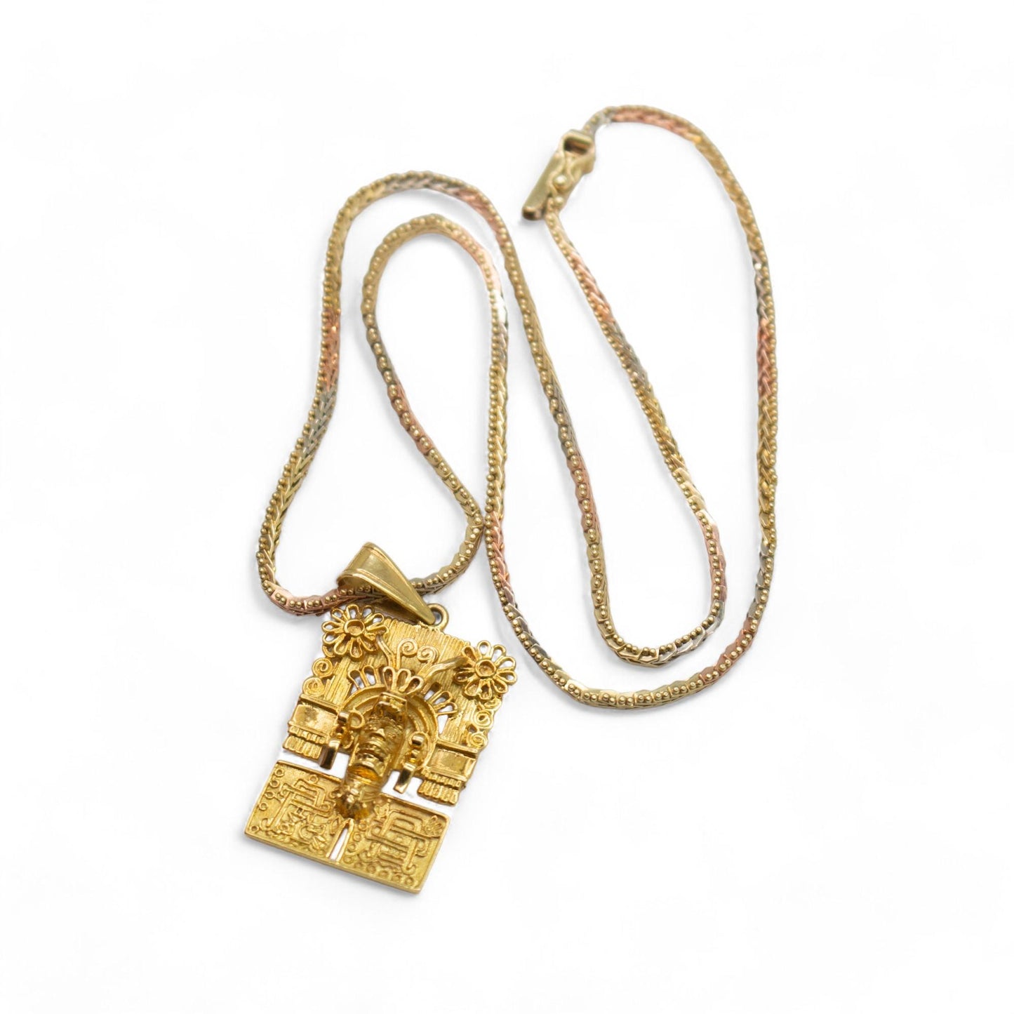 14k Yellow Gold Mexico Aztec Sun God Necklace on 3 Toned 14k Chain