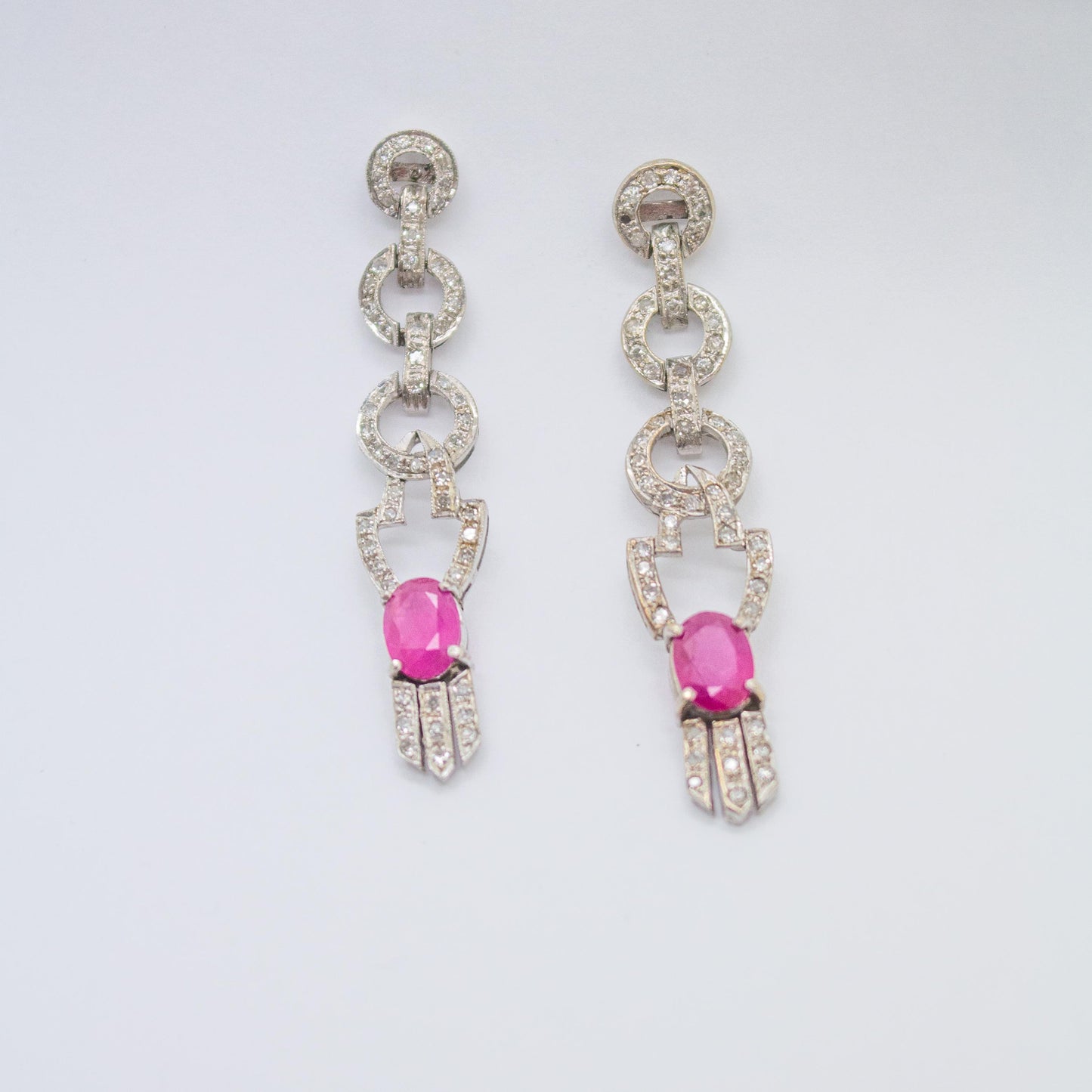 2.14cttw Pink Ruby & 0.55 cttw White Diamond Vintage Drop Earring in 14k Gold