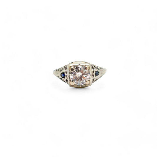 1.05 ct White Diamond & Sapphire Vintage Ring in 14k White Gold 5US