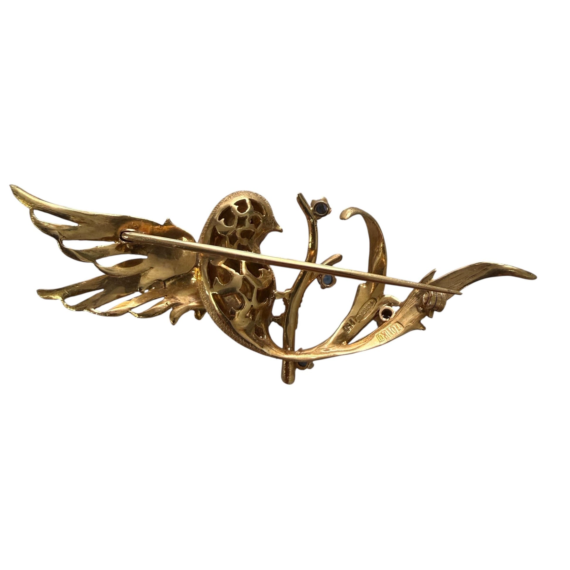 Vintage 18k Yellow Gold Humming Bird Brooch With Sapphire 18.06g.
