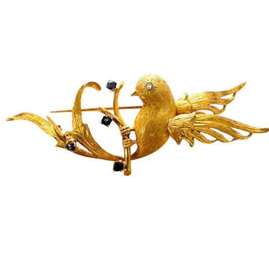 Vintage 18k Yellow Gold Humming Bird Brooch With Sapphire 18.06g.