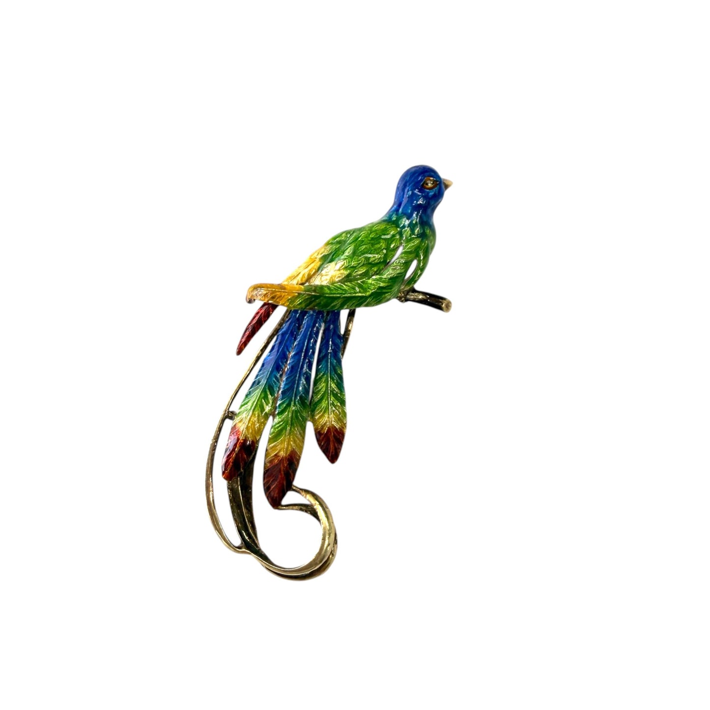 Vintage Enamel Bird Brooch in 14k Yellow Gold 18.1g.