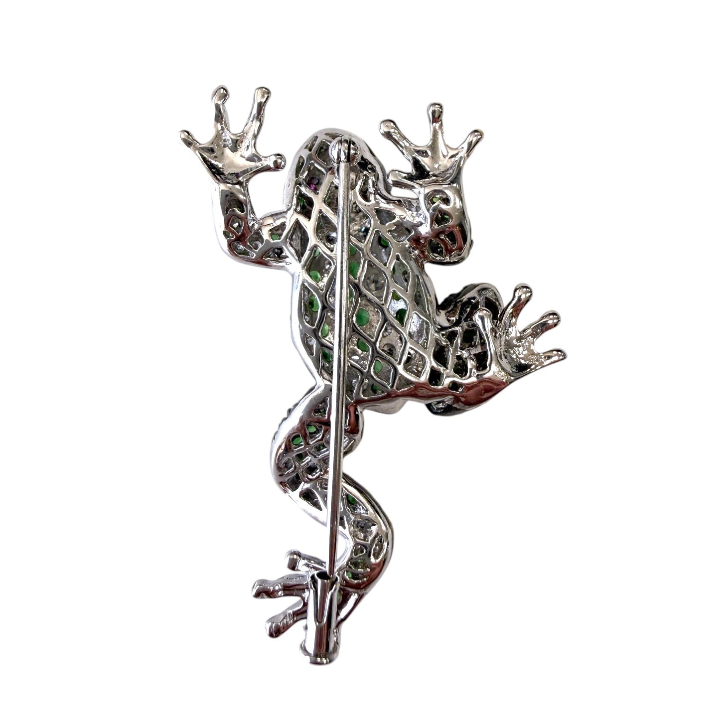 1.5 cttw. White Diamond & 1 cttw. Tsavorite Frog Brooch in 18k White Gold 16.62g