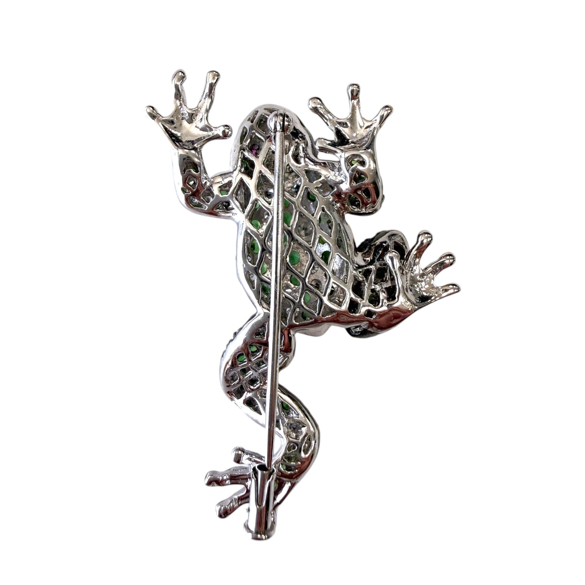 1.5 cttw. White Diamond & 1 cttw. Tsavorite Frog Brooch in 18k White Gold 16.62g
