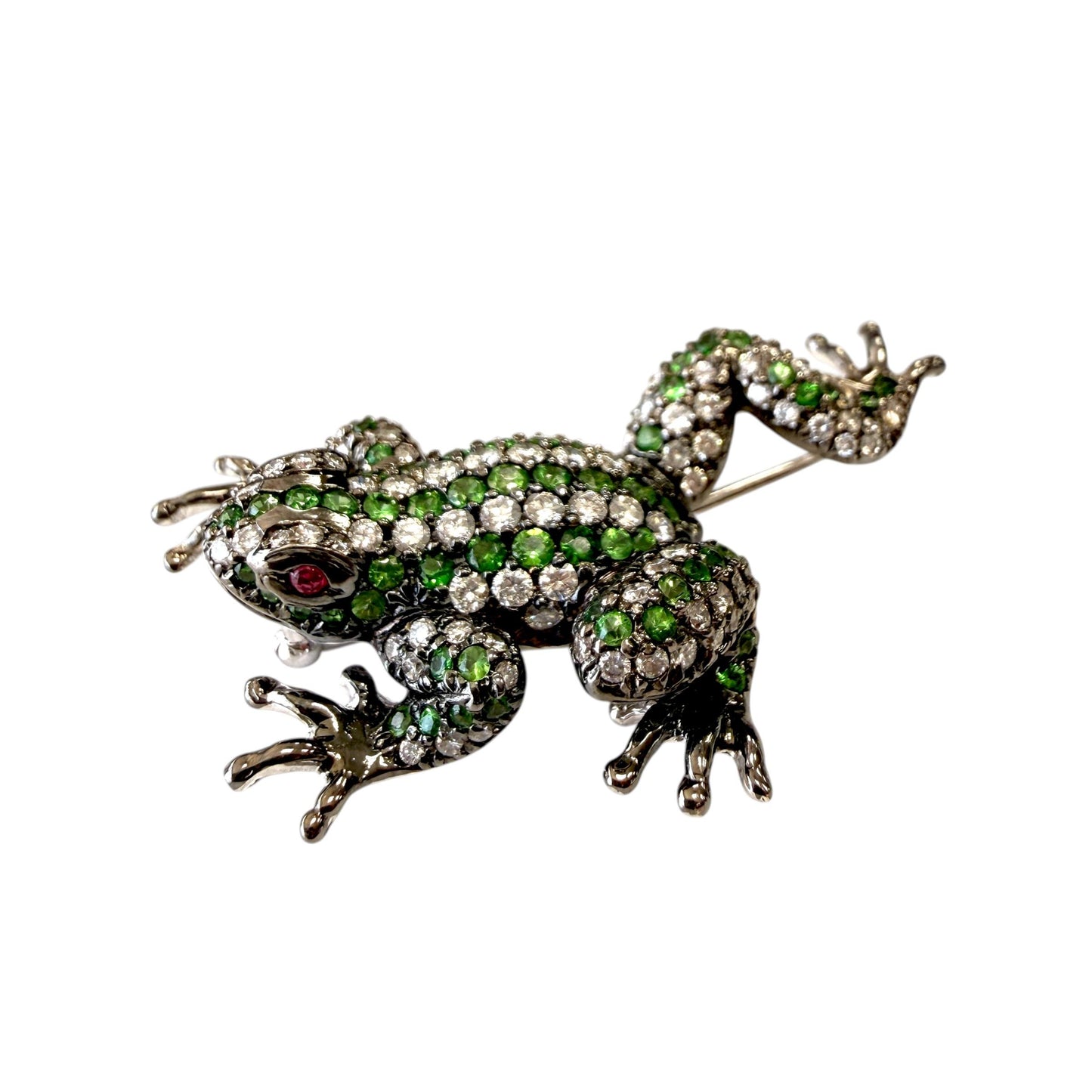 1.5 cttw. White Diamond & 1 cttw. Tsavorite Frog Brooch in 18k White Gold 16.62g