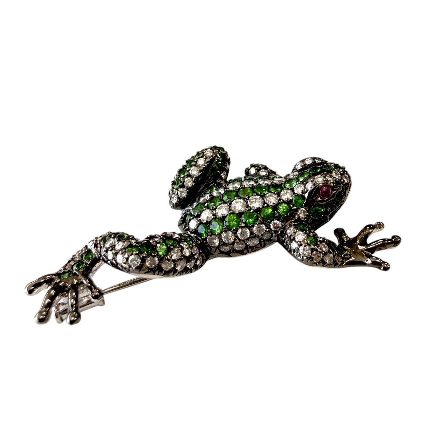 1.5 cttw. White Diamond & 1 cttw. Tsavorite Frog Brooch in 18k White Gold 16.62g
