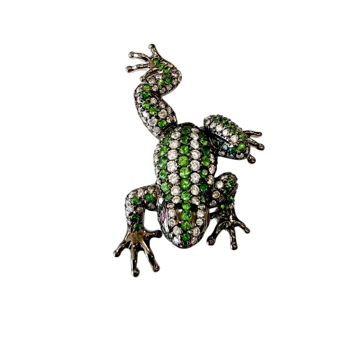 1.5 cttw. White Diamond & 1 cttw. Tsavorite Frog Brooch in 18k White Gold 16.62g