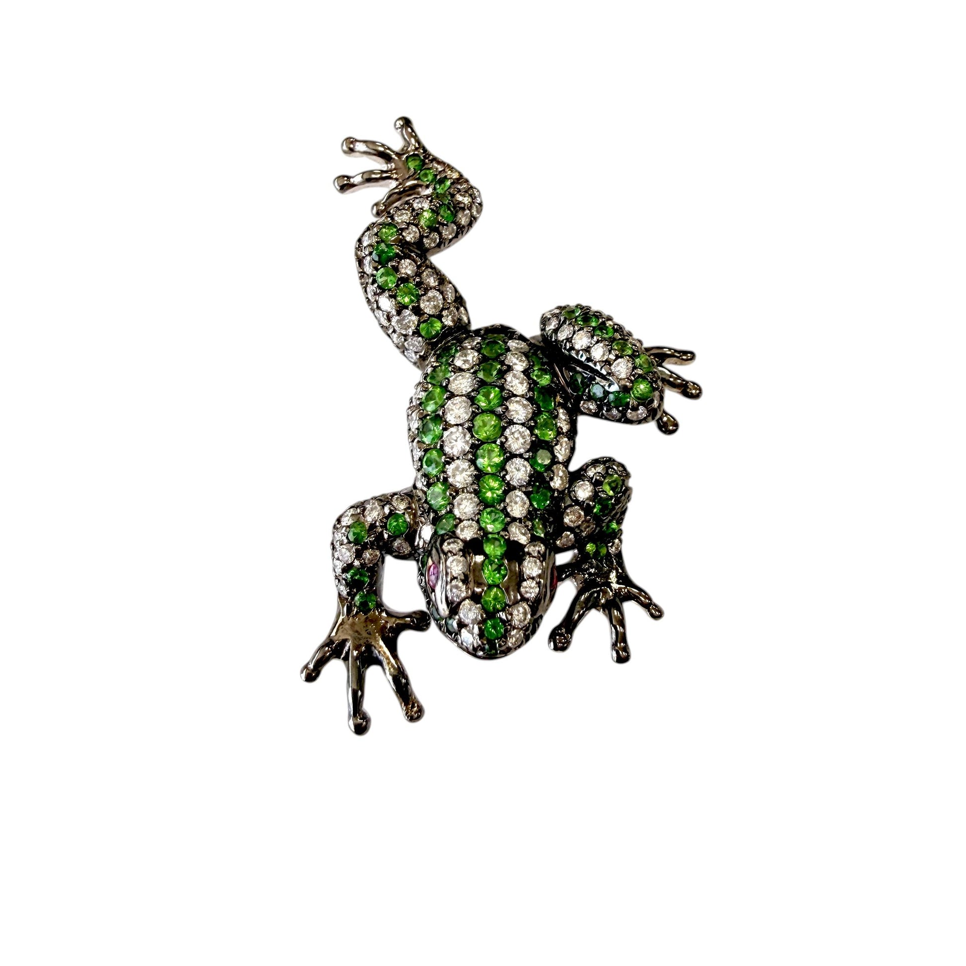 1.5 cttw. White Diamond & 1 cttw. Tsavorite Frog Brooch in 18k White Gold 16.62g