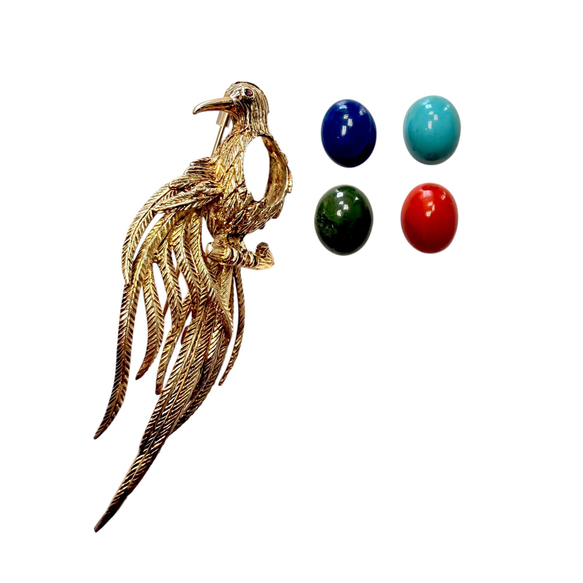 Vintage Bird Brooch with Interchangeable Stone in 14k Yellow Gold 18g.