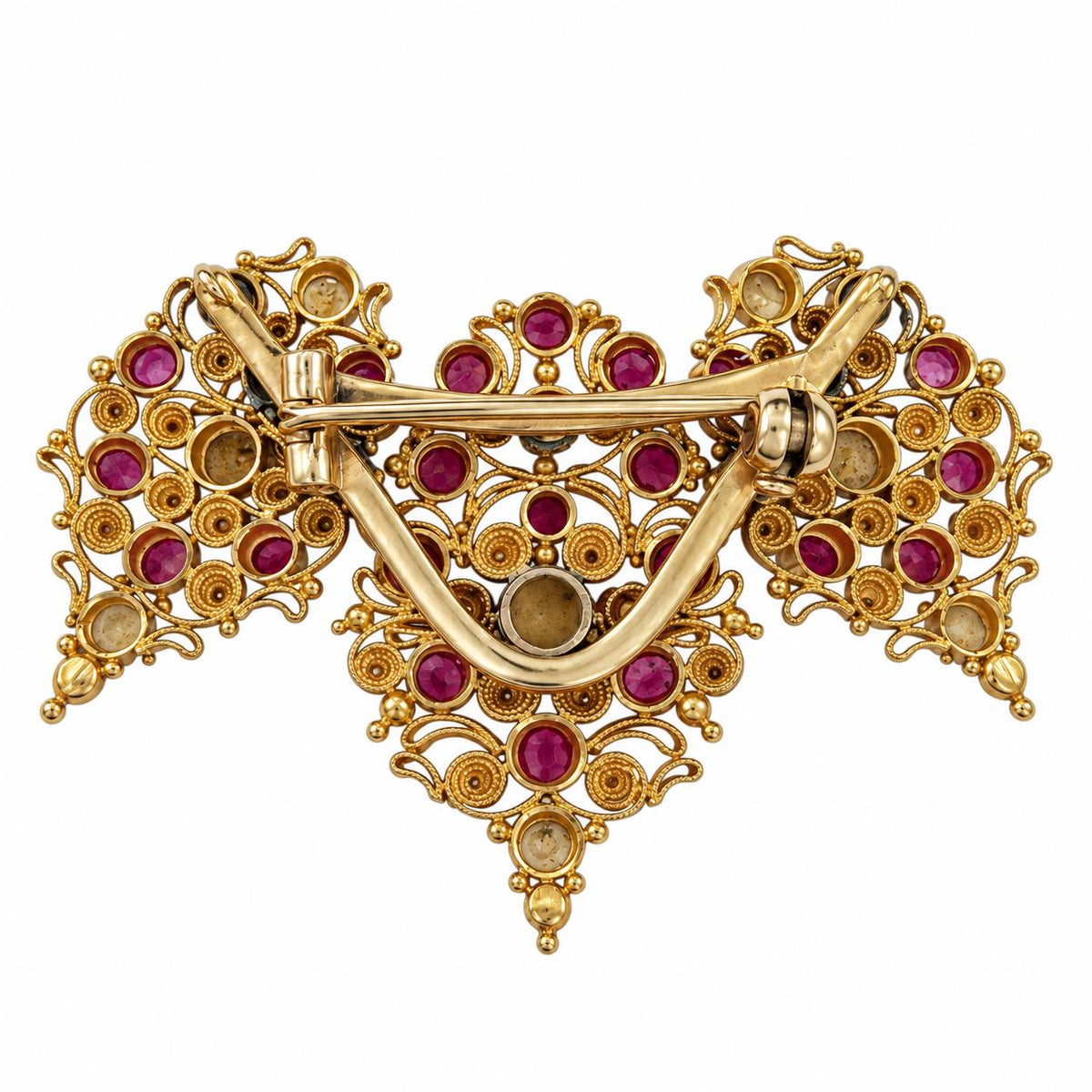 Antique Cannetille Filligree 16k & 20k Yellow Brooch With Pink Sapphires 8.87g