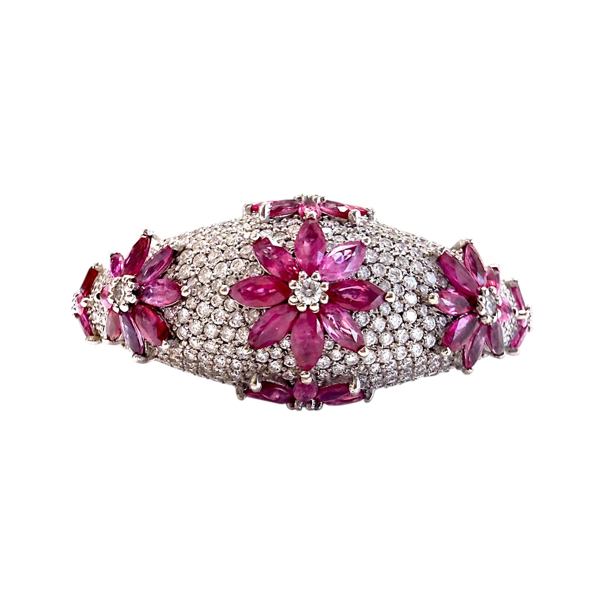 6cttw. Ruby & approx. 5cttw White Diamond Flower Bangle in 14k WG 32.18g. 6"