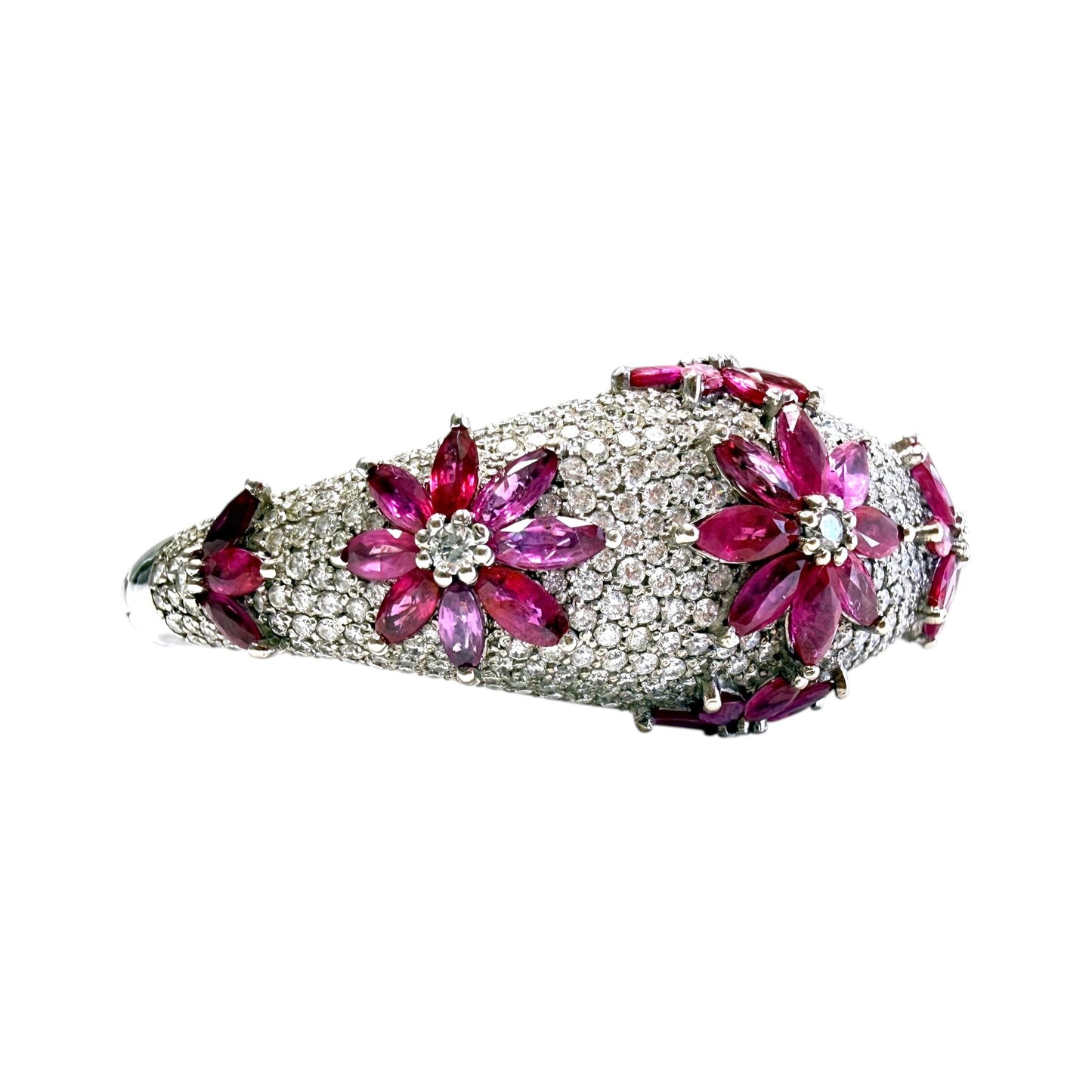 6cttw. Ruby & approx. 5cttw White Diamond Flower Bangle in 14k WG 32.05g. 6"