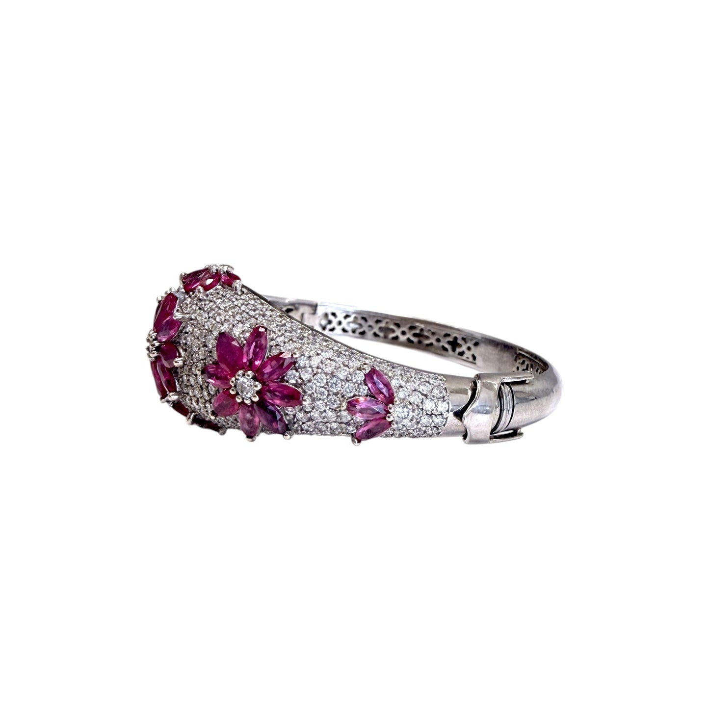 6cttw. Ruby & approx. 5cttw White Diamond Flower Bangle in 14k WG 32.18g. 6"