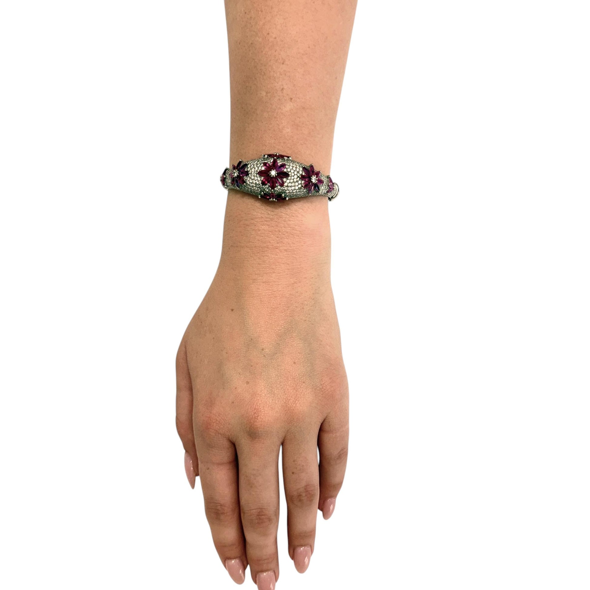 6cttw. Ruby & approx. 5cttw White Diamond Flower Bangle in 14k WG 32.18g. 6"