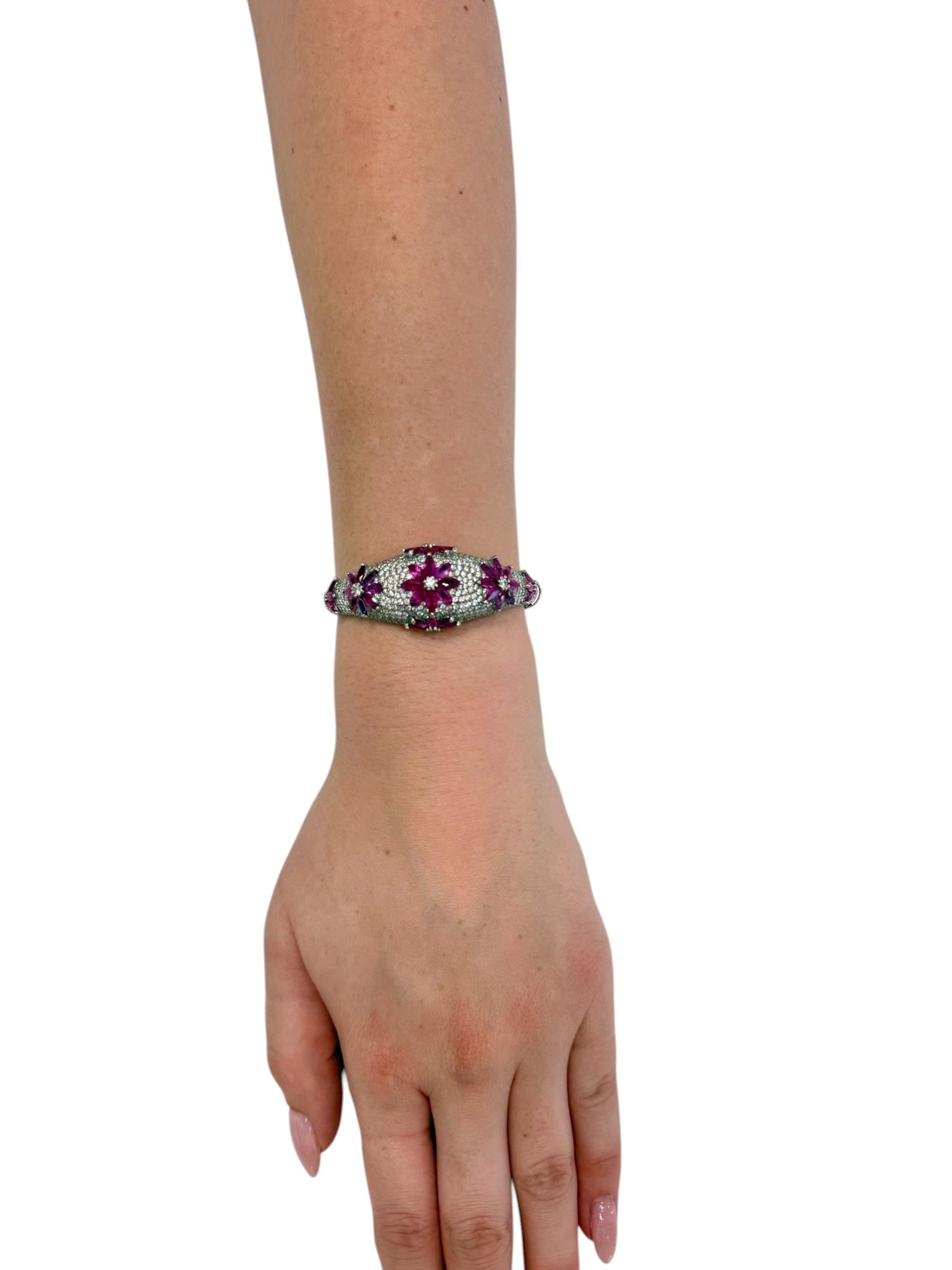 6cttw. Ruby & approx. 5cttw White Diamond Flower Bangle in 14k WG 32.18g. 6"