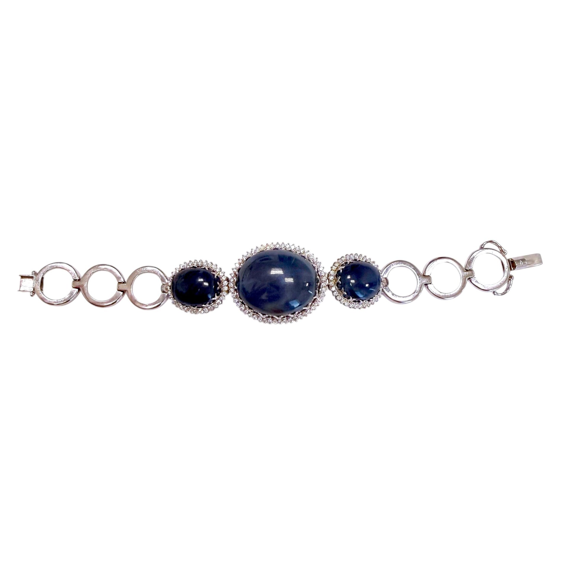 82.10cttw. Cabuchon Cut Blue Sapphire & Diamond Vintage Bracelet  14K WG 38.73G