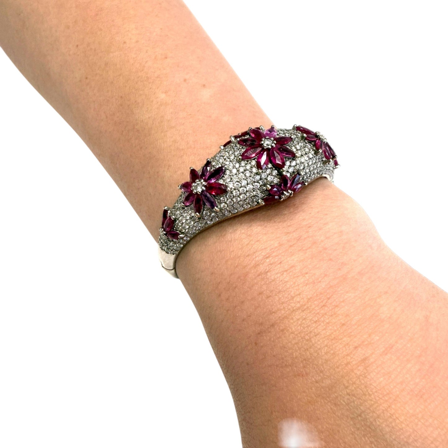 6cttw. Ruby & approx. 5cttw White Diamond Flower Bangle in 14k WG 32.18g. 6"