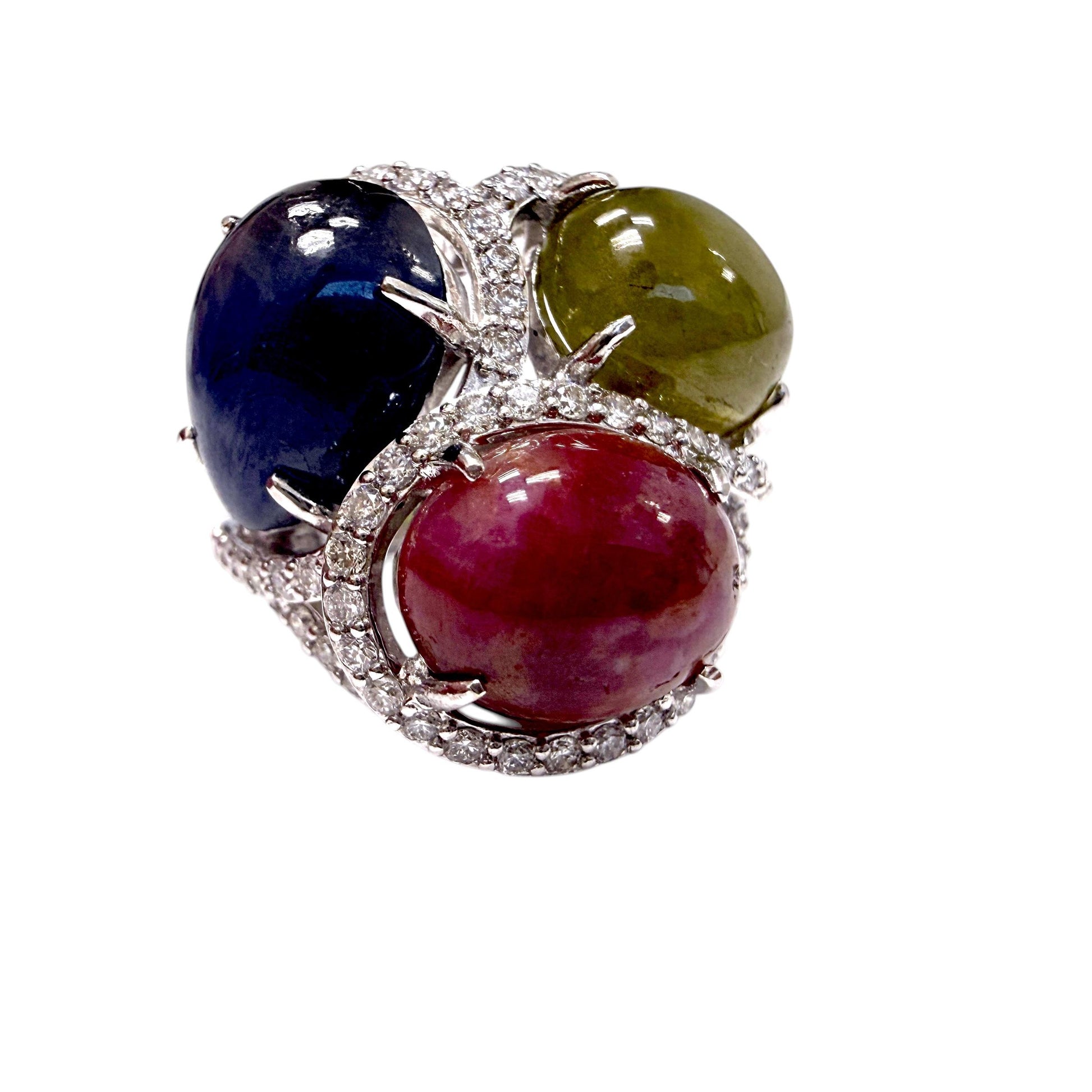 14k White Gold Multicolor Cabachon Ring with White Diamonds 4.75US 10.8g.