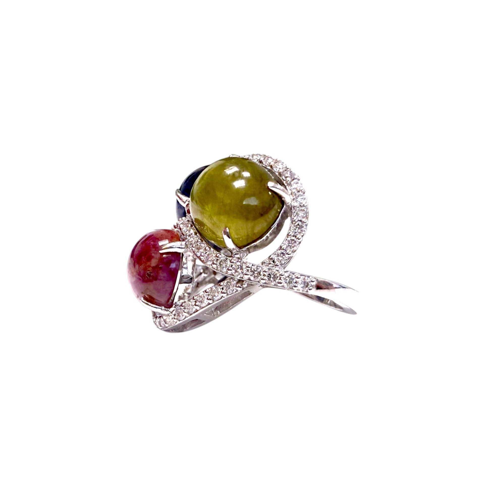 14k White Gold Multicolor Cabachon Ring with White Diamonds 4.75US 10.8g.